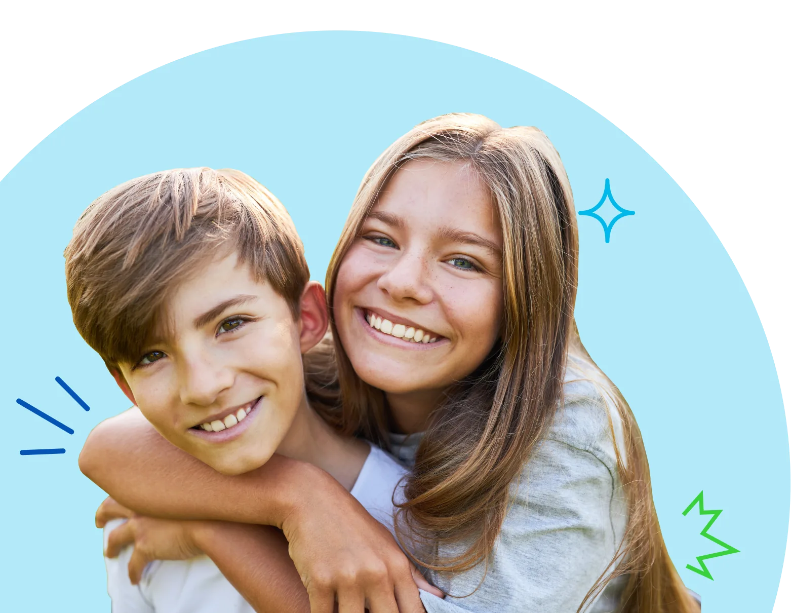 Home Page 3 Two siblings with their arms wrapped around each other as they smile about going to a SmileRight Kids Dentistry.