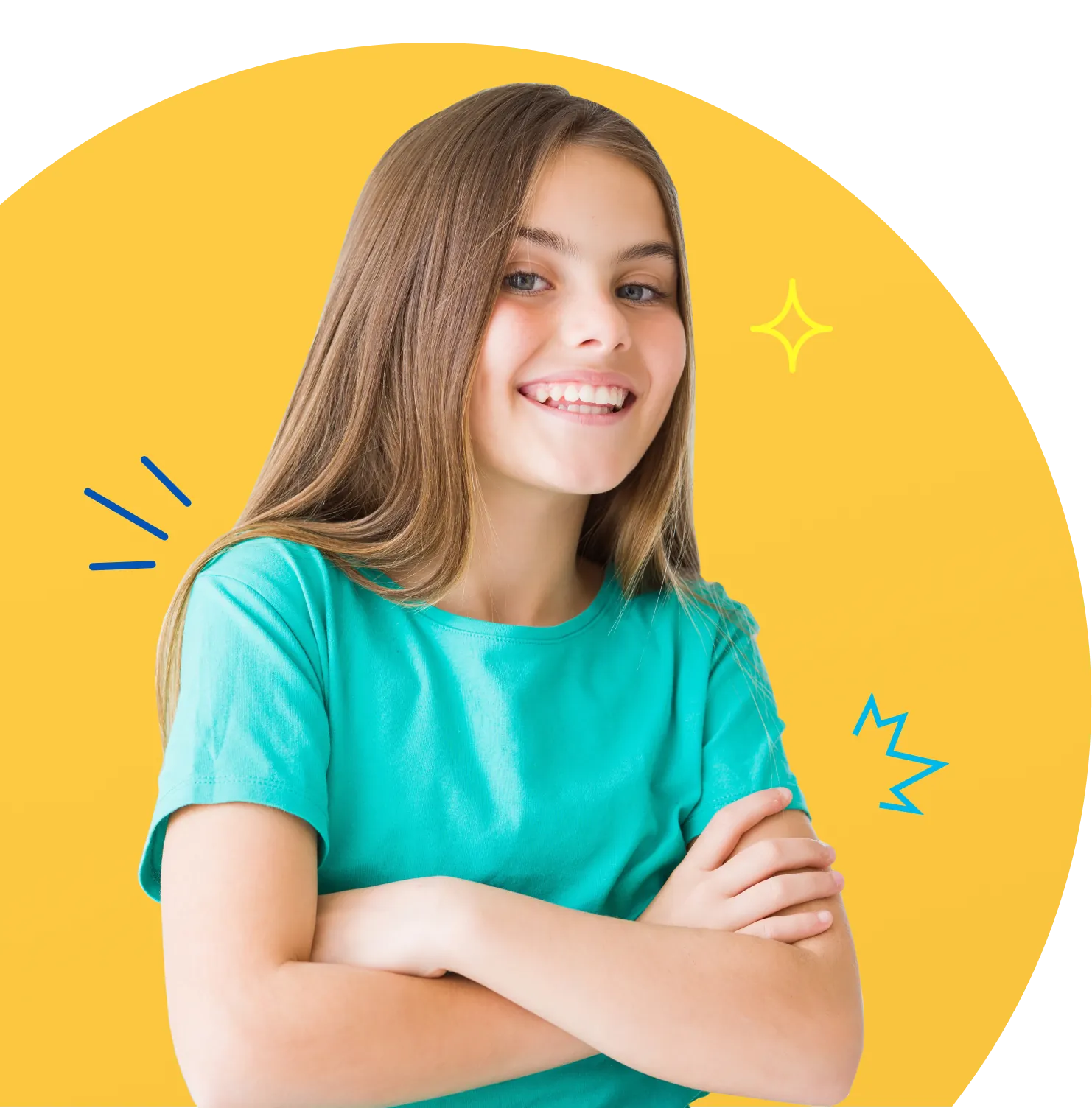 Home Page 1 Young girl with long hair smiling with her arms crossed as she waits for her appointment at a dentist office.